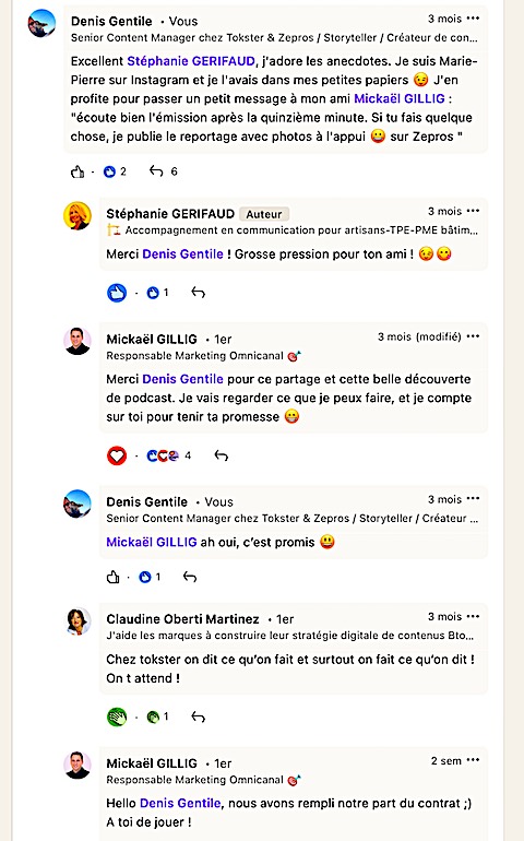 Les échanges sur le post LinkedIn présentant le podcast de l'interview de Marie par Stéphanie Gérifaud