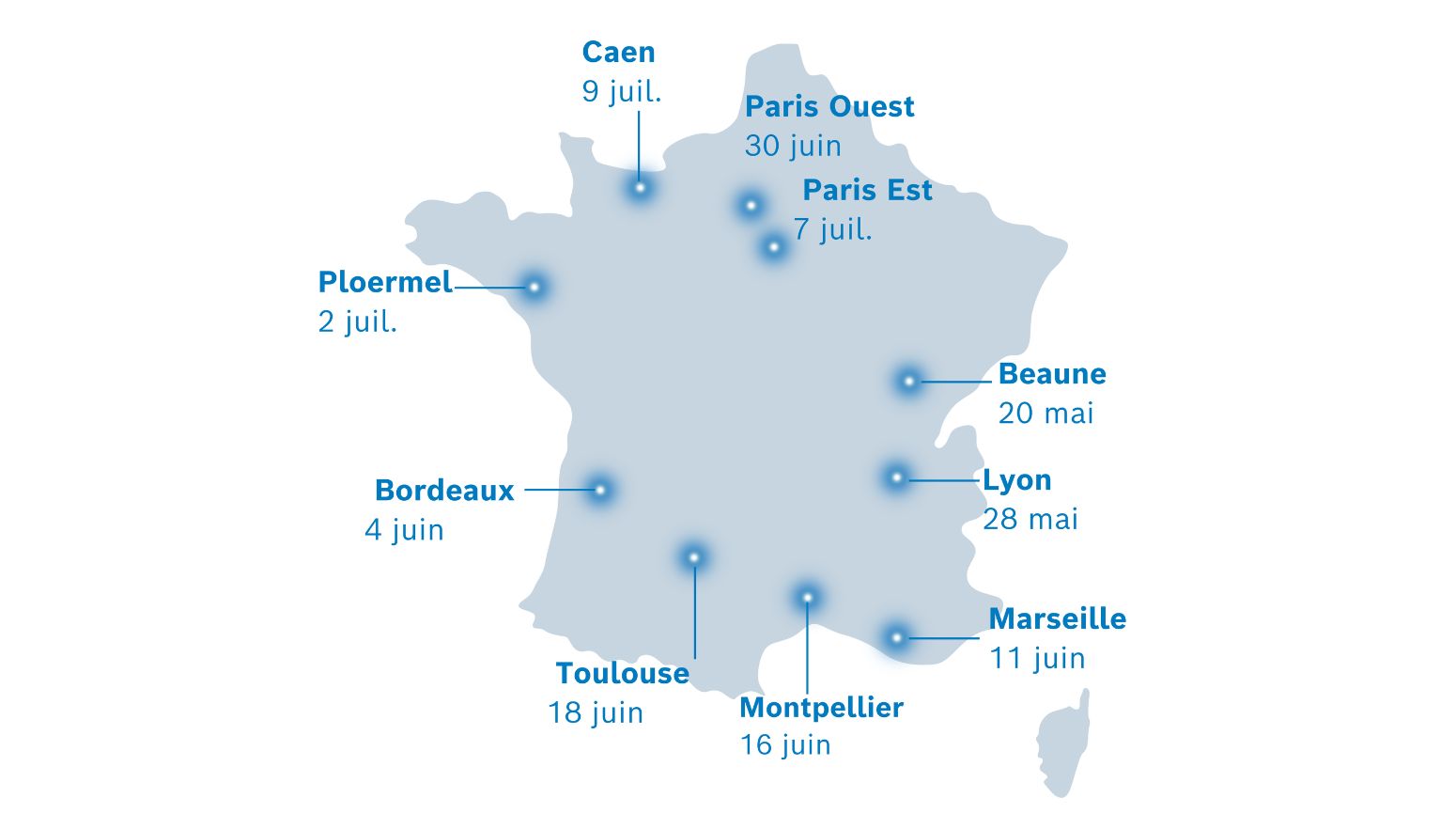 Carte de France avec dates du Roadshow Bosch Home Comfort 2026