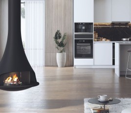 Cheminée bois suspendue dans salon ouvert Marque JC Bordelet Modèle Tatiana 997