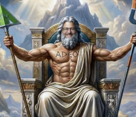 Le dieu Neptune avec les logos de Leroy Merlin et Weldom.