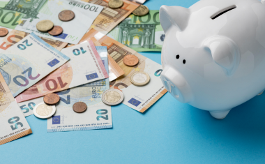 Tirelire cochon et billets en euros.