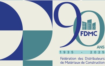 FDMC, le logo des 90 ans de la Fédération des distributeurs en matériaux de construction.