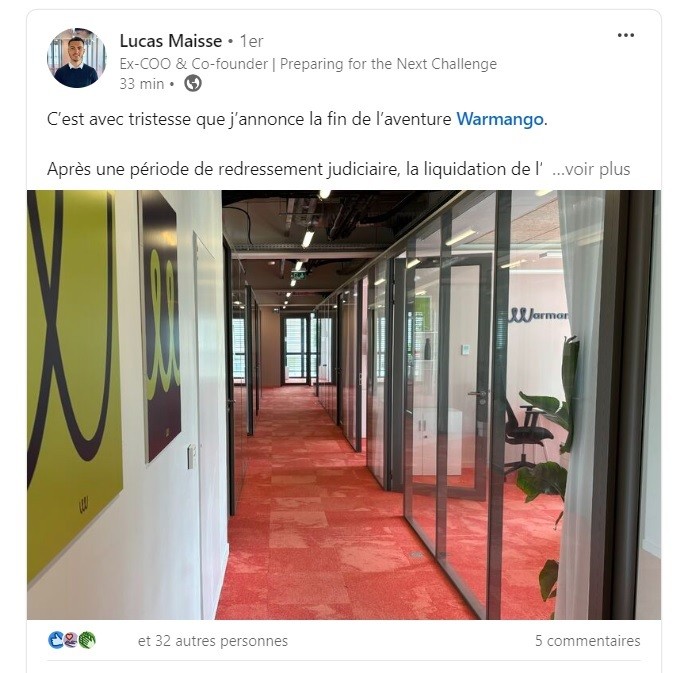 Post LinkedIn de Lucas Maisse (Warmango), le 28/05/2024.