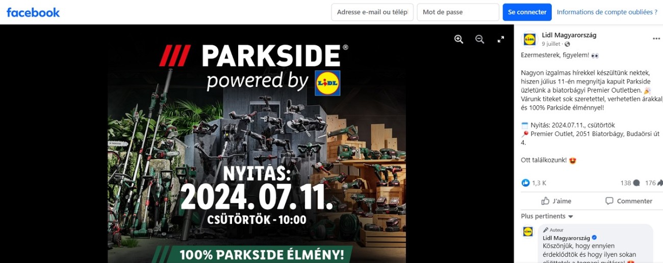 Parkside Budapest - Invitation inauguration du 11 juillet 2024. Facebook Lidl