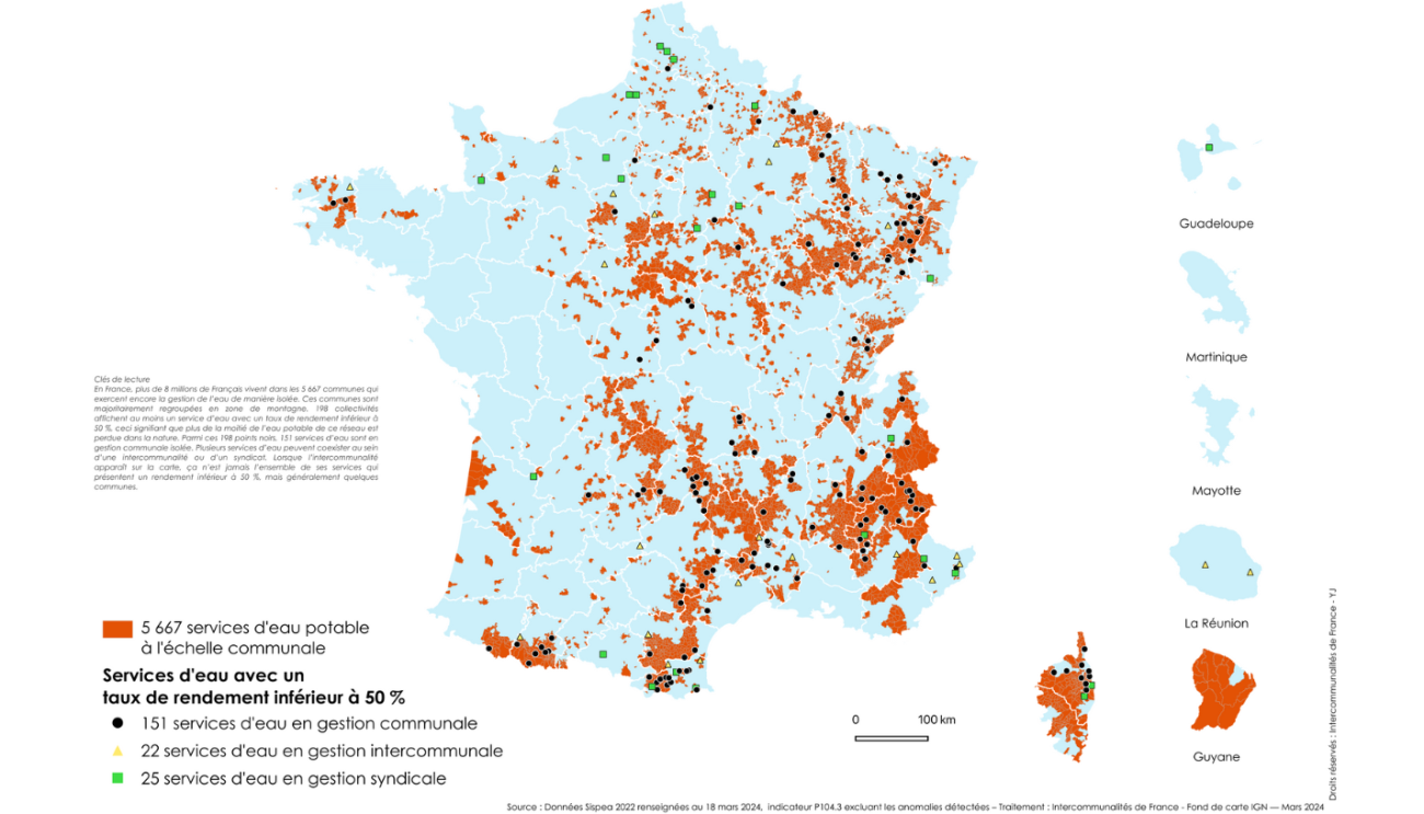 Carte de France du réseau d'eau potable et des rendements.