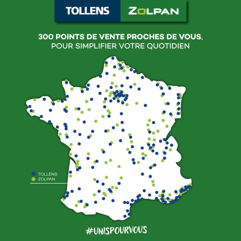 Carte de France des implantations des agences Tollens et Zolpan.