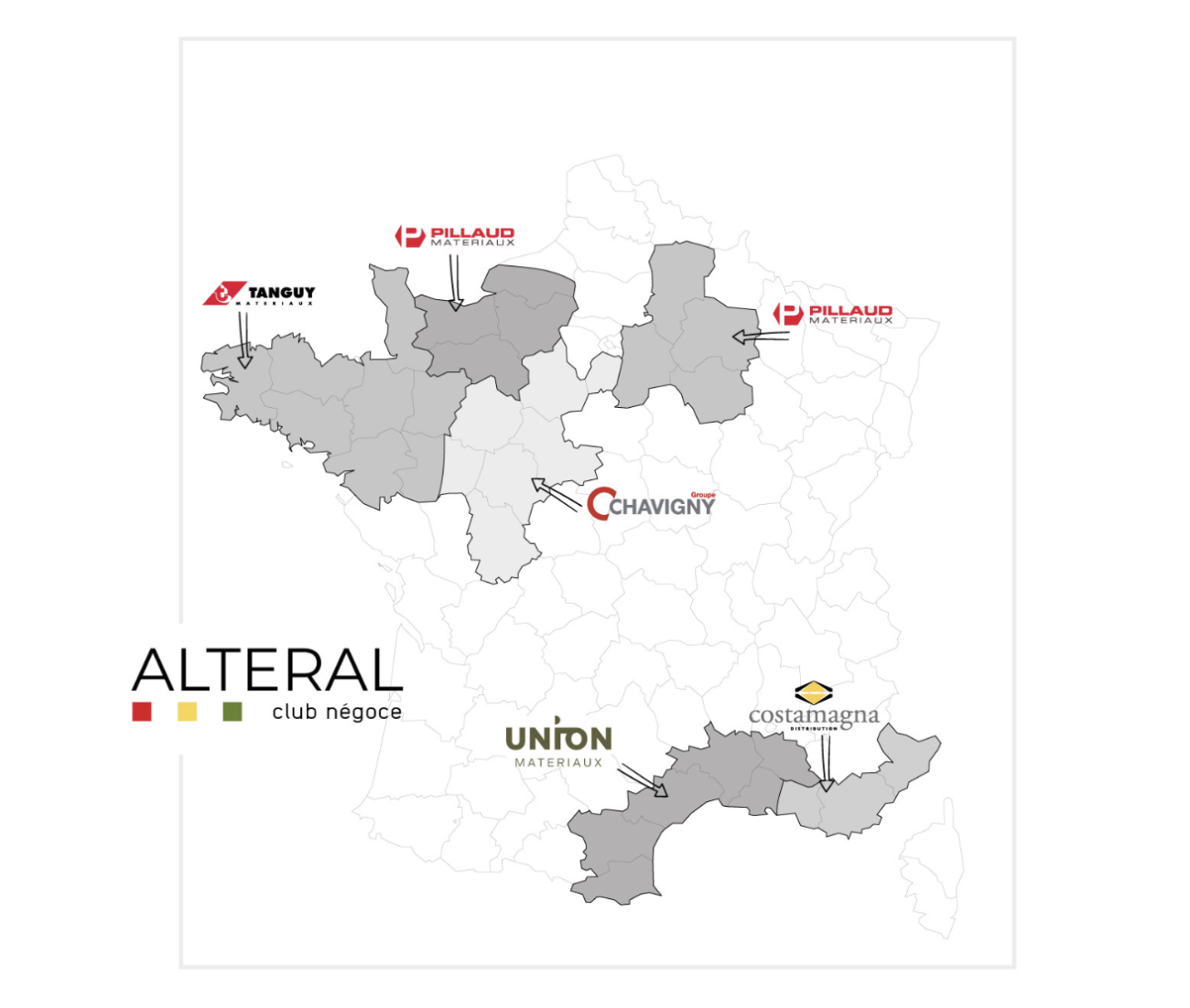 Carte de France de la couverture géographique des cinq associés du Club Altéral.