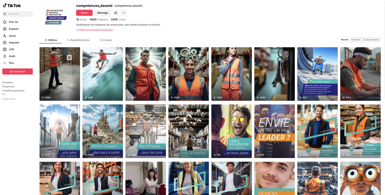 Page TikTok de la FDMC et Constructys pour promouvoir les métiers du négoce de matériaux de construction.