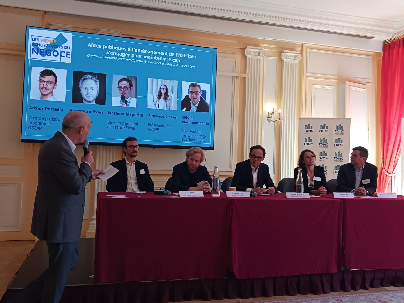 Les 14es "Rendez-vous du Négoce" organisés par la FDMC (Fédération des distributeurs en matériaux de construction) le 11 juin 2025 à Paris - Table ronde sur les aides publiques à la rénovation énergétique.