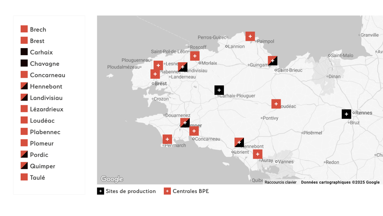 Carte des implantations de centrale à béton et BPE du groupe Quéguiner dans le Grand Ouest.