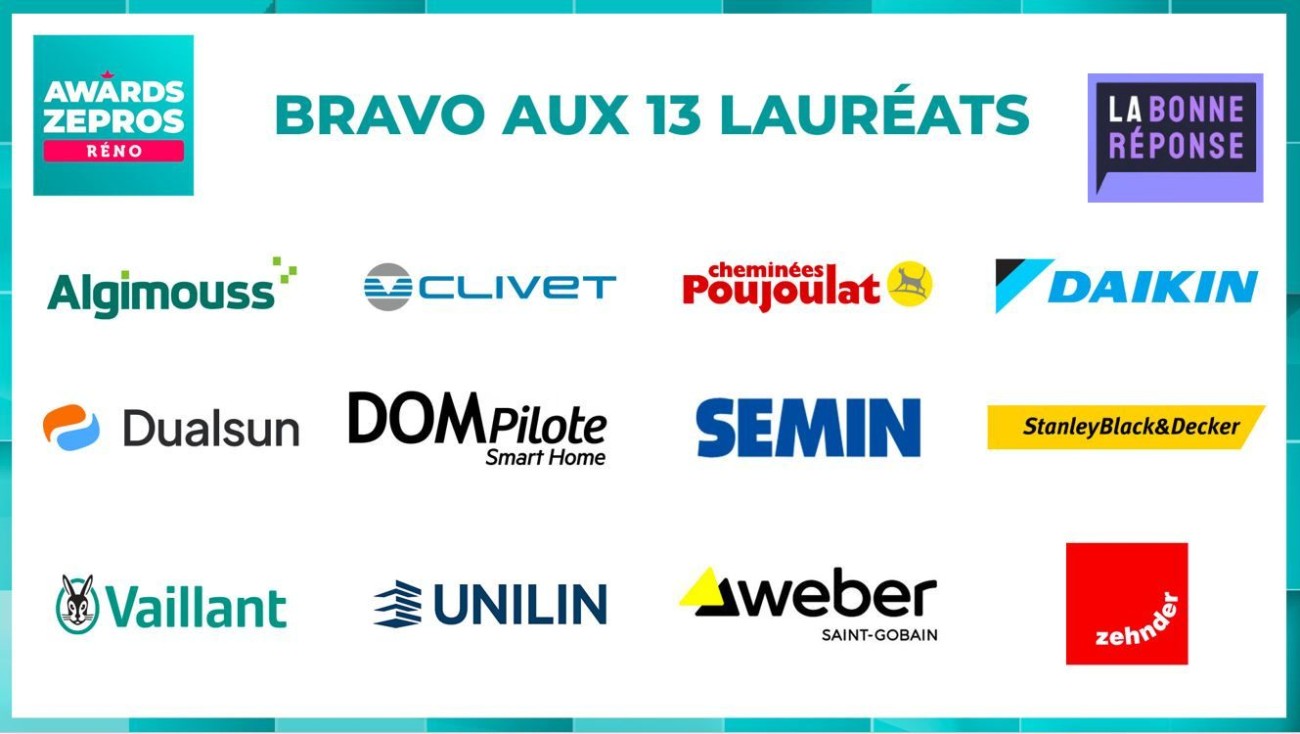 Awards Zepros Réno trophées de la rénovation énergétique et environnementale logos des 13 lauréats