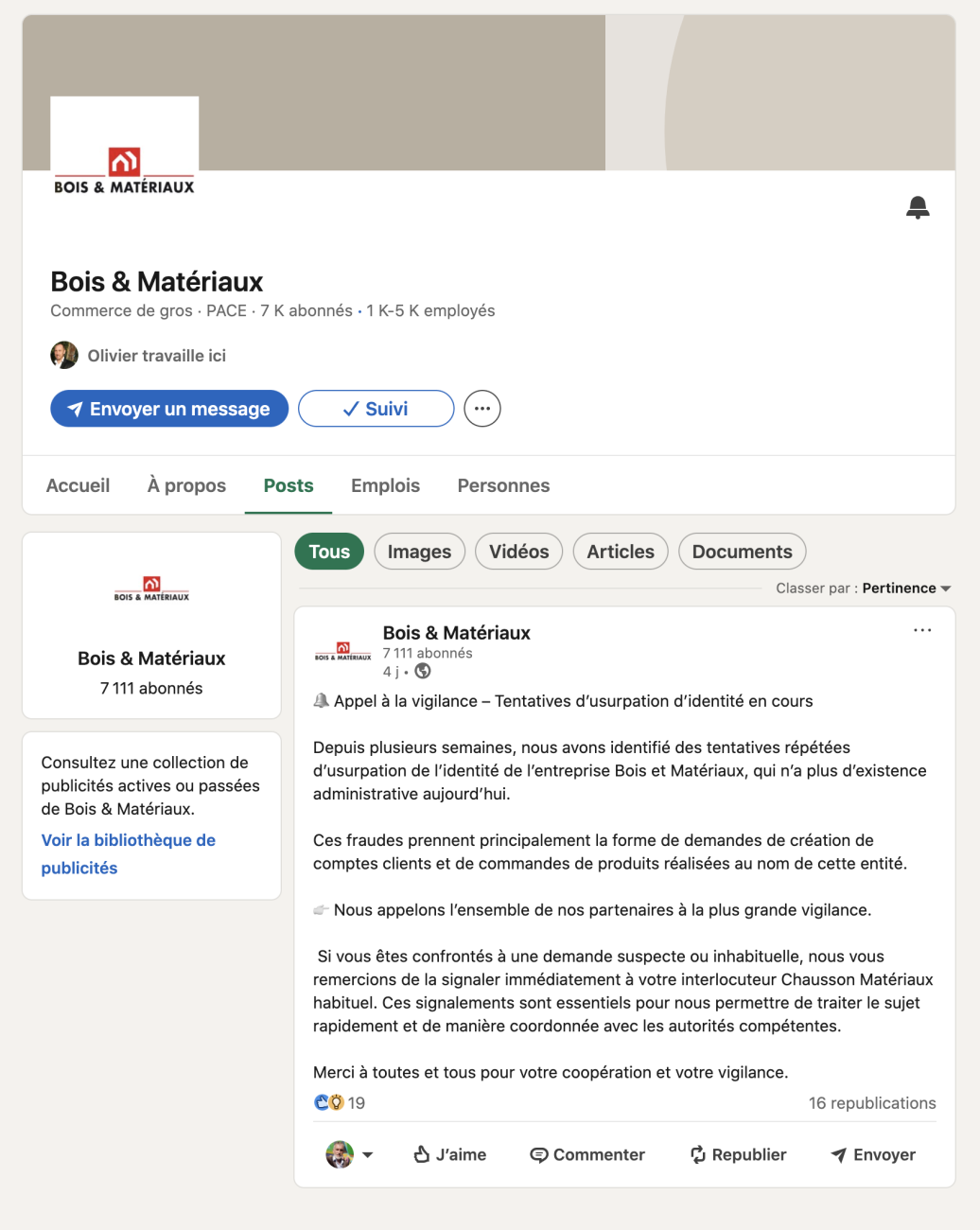 Post Bois & Matériaux sur LinkedIn.