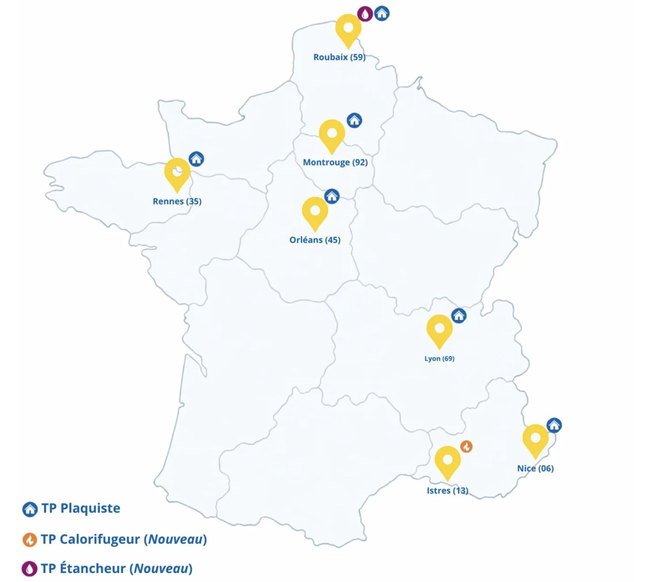 Les sites de L'École "Carré" de SFIC en France, Saint-Gobain Distribution Bâtiment France (SGDB France) + le CFA d'Istres.