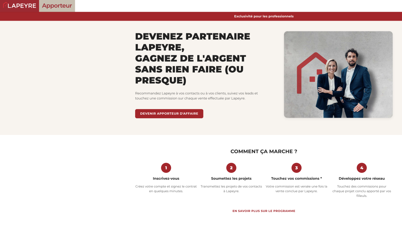 Lapeyre Apporteur, le nouveau service de prescription (artisans, architectes, syndics de copropriété, pros disposant d'un n° SIRET).