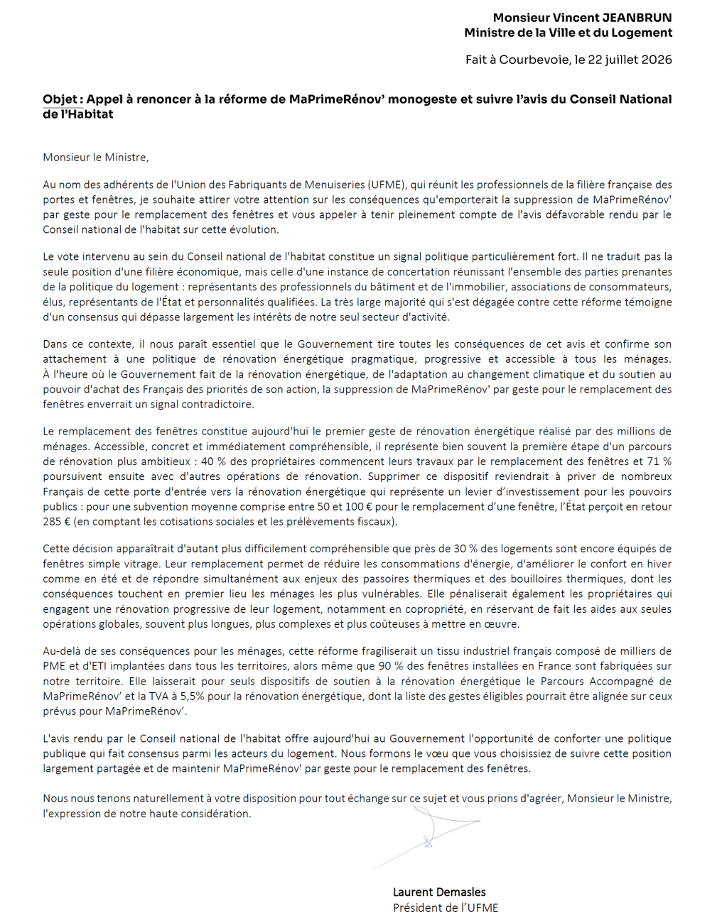 Courrier de l'UFME adressé le 22/07/2026 au ministre du Logement, Vincent Jeanbrun.