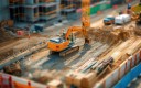 Engin de chantier intervenant sur une constrution d'immeubles.